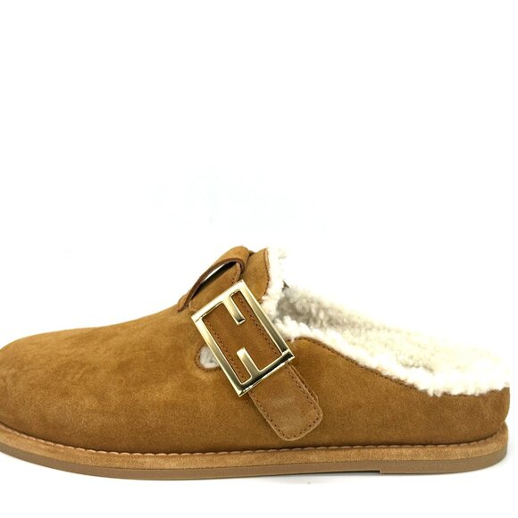 FENDI Feel FF Shearling  Buckled Sabots Mules Slides Flat Clog Sandals - Picture 6 of 16